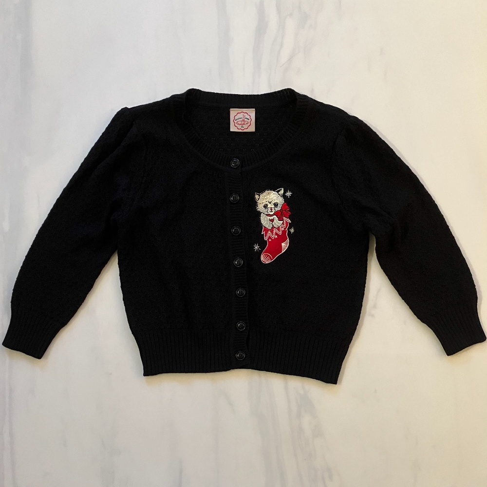 Rockabilly Black Christmas Knit Cropped Sweater Kitten in Stocking XL (Medium)